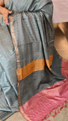 CTPR - Greyish blue checked tussar silk saree