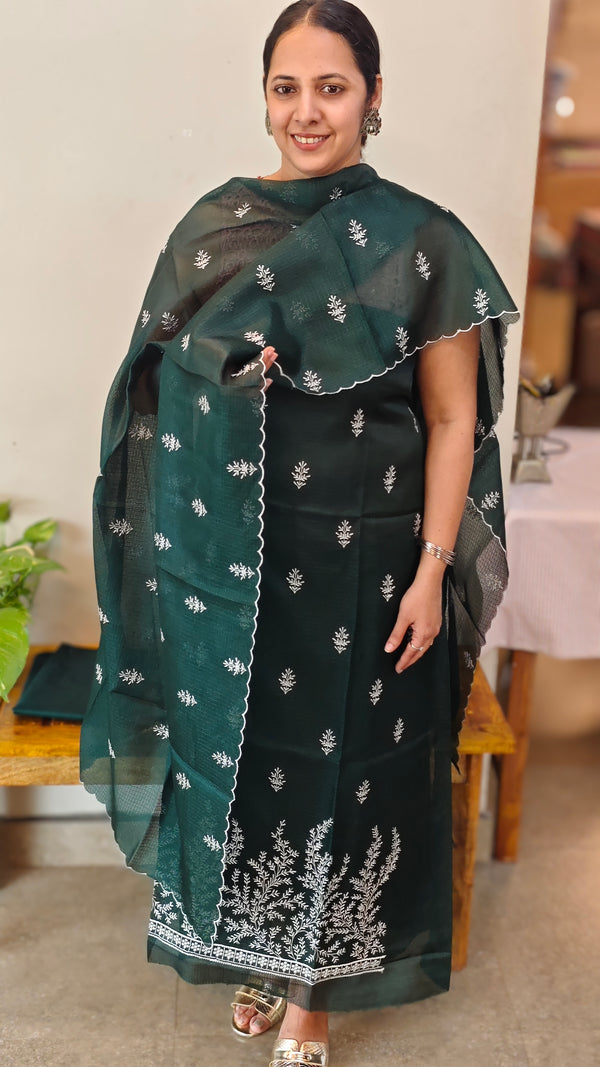 Dark green embroidered net kota suit