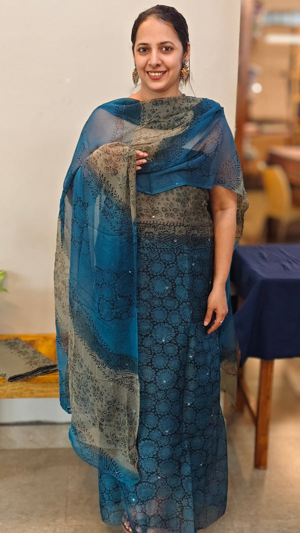 Blue and taupe net kota suit