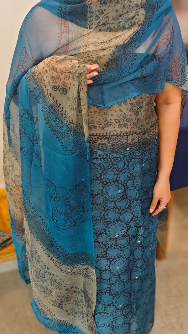 Blue and taupe net kota suit