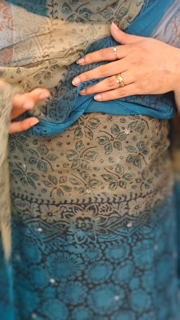 Blue and taupe net kota suit