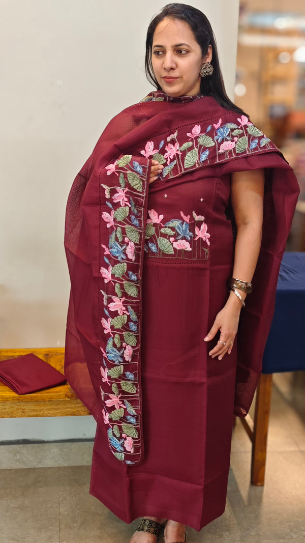 Deep maroon embroidered net kota suit