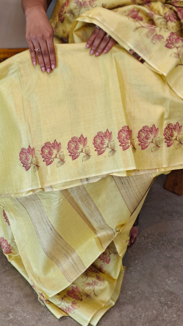 Yellow moonga tussar saree