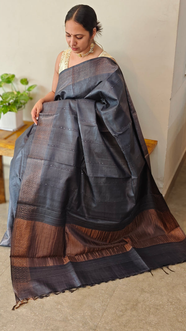LKA - Dark grey tussar silk saree