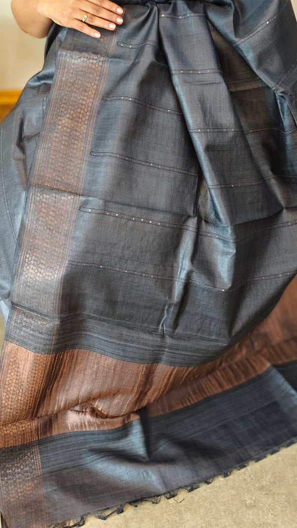 LKA - Dark grey tussar silk saree