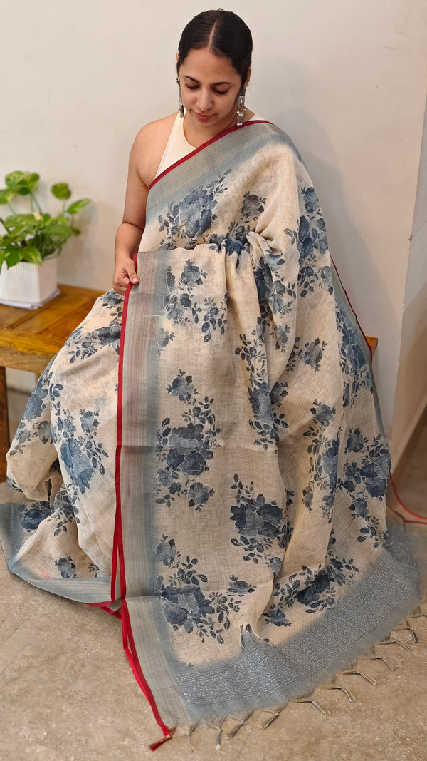 Beige blueLinen Tissue saree