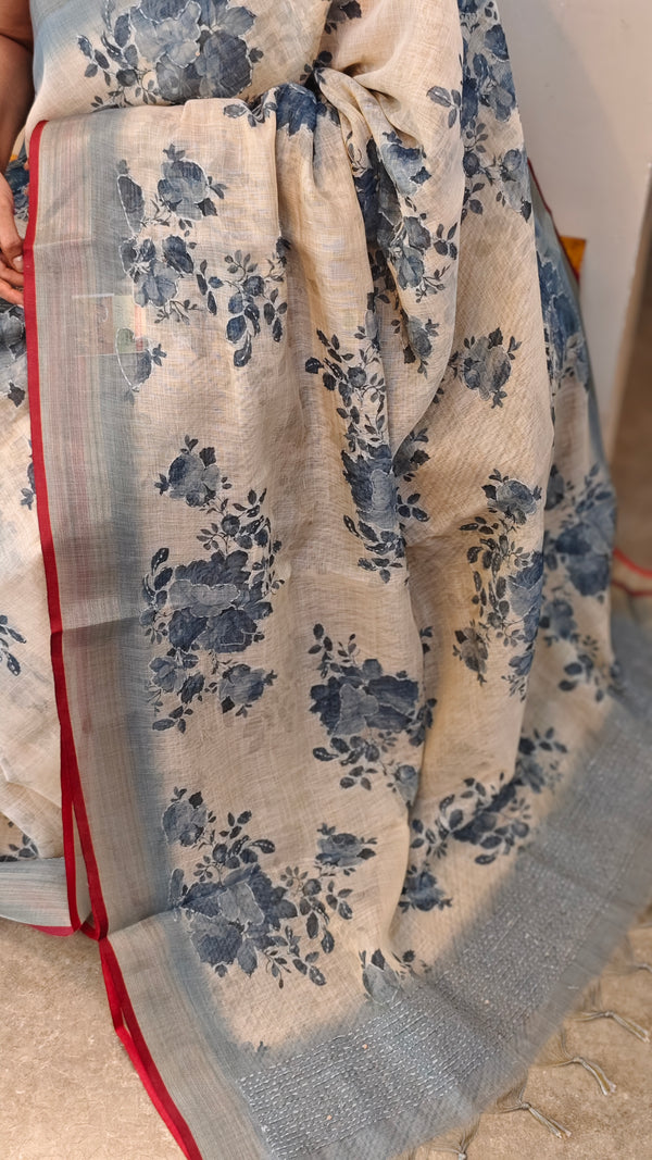 Beige blueLinen Tissue saree