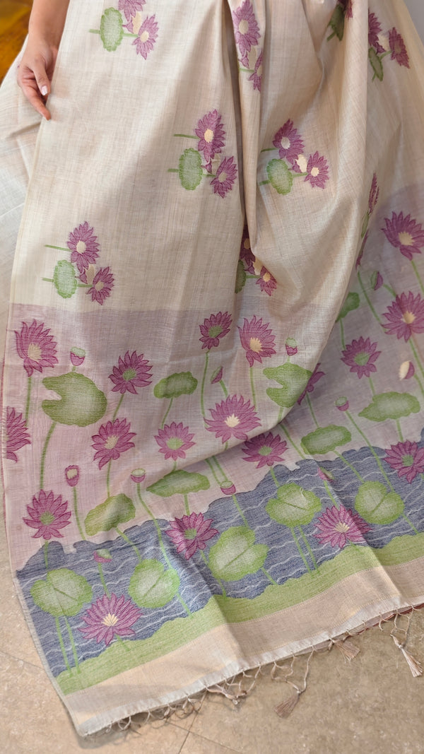 Beige Linen Chanderi jamdani saree