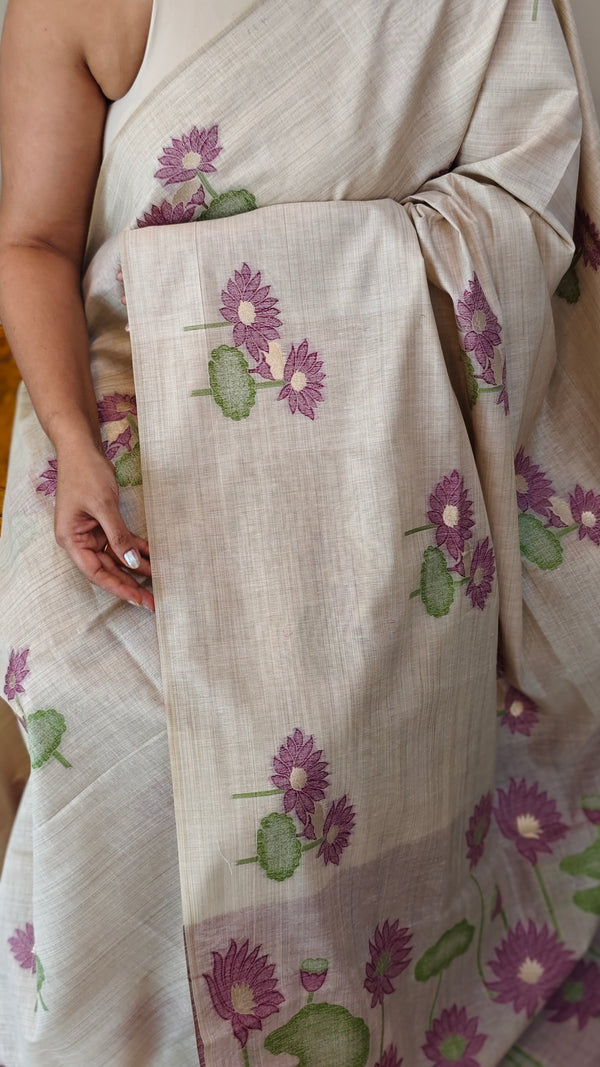 Beige Linen Chanderi jamdani saree