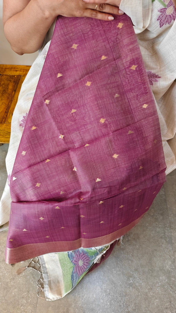 Beige Linen Chanderi jamdani saree