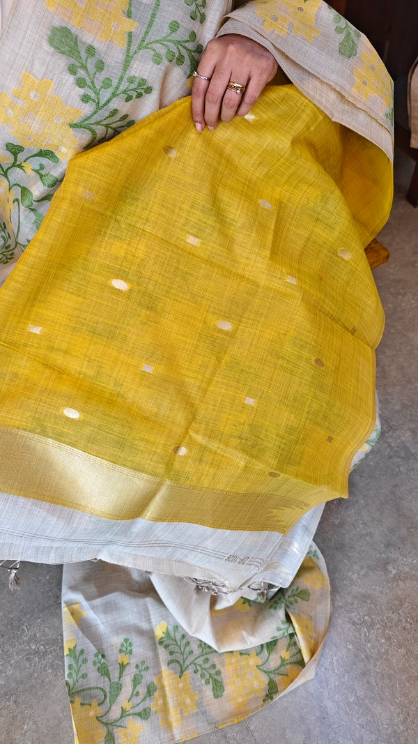 Beige Linen chanderi jamdani saree