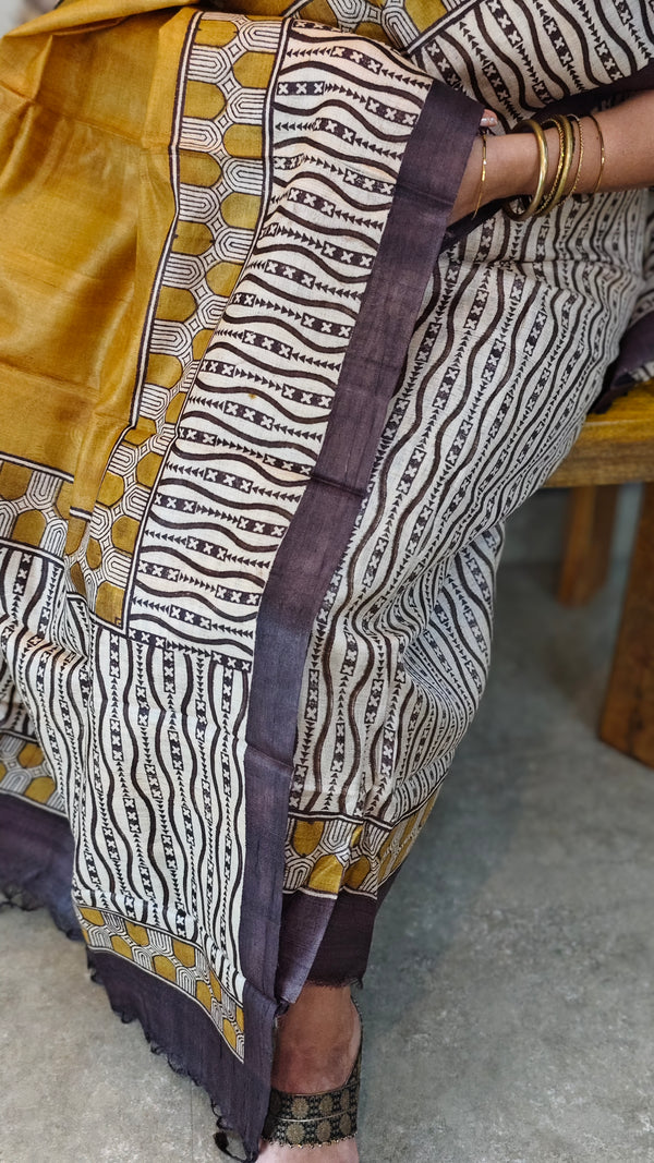 Block printed desi tussar silk suit
