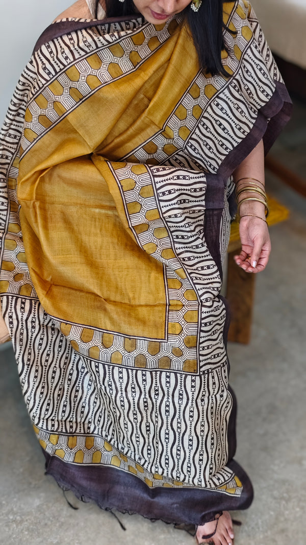 Block printed desi tussar silk suit