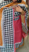 Red, mustard and black block printed tussar silk suit