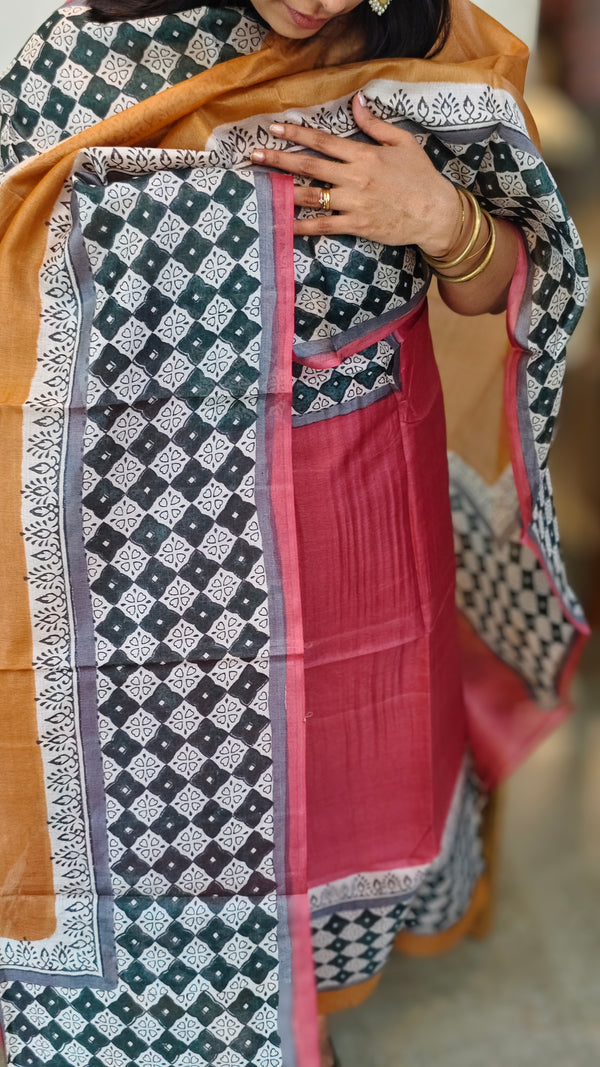 Red, mustard and black block printed tussar silk suit