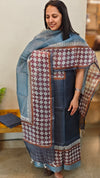 Bluish grey block printed tussar silk suit