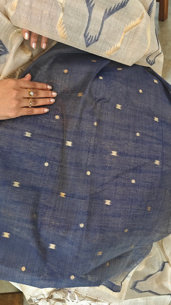 Beige and blue jamdani saree