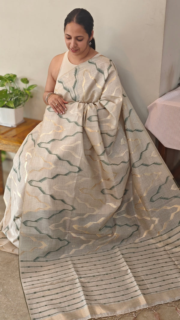 Beige and green jamdani saree