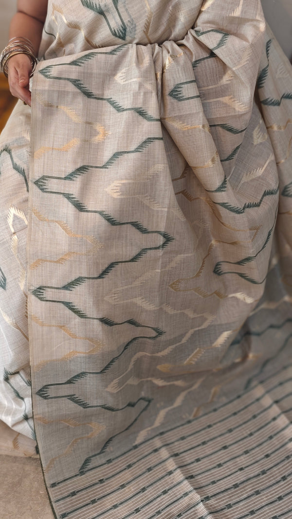 Beige and green jamdani saree