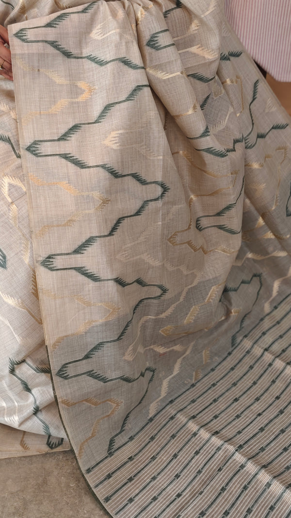 Beige and green jamdani saree