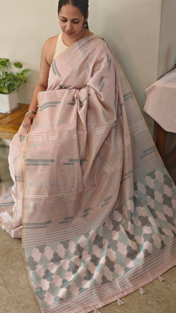 Nude pink chanderi linen saree