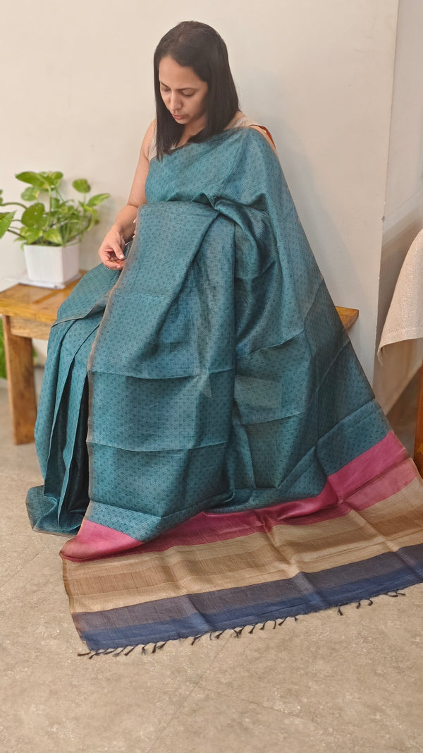 25RP - Dark Cyan blue checked tussar silk saree