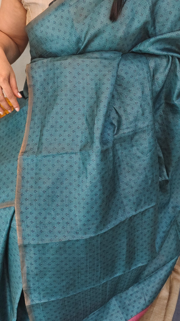 25RP - Dark Cyan blue checked tussar silk saree