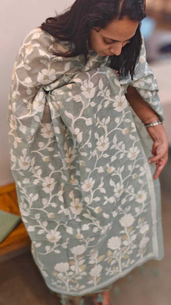 Teal linen suit jamdani dupatta