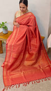 Rust orange raw silk saree with zari weaving