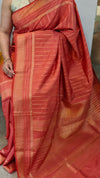 Rust orange raw silk saree with zari weaving