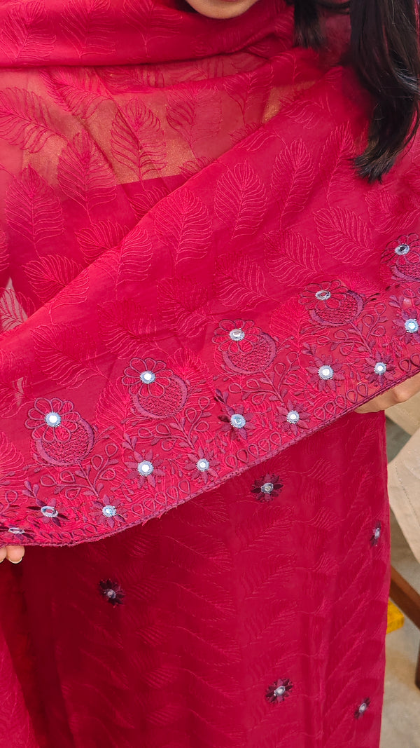 Deep red embroidered organza suit