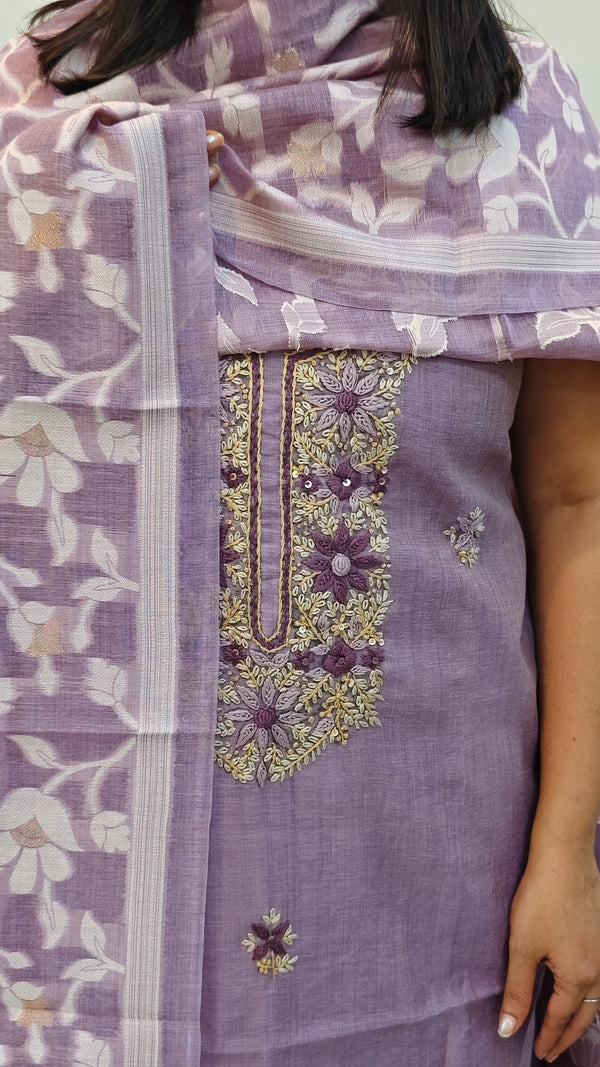Lavender linen suit jamdani dupatta