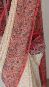 Block printed off white and red tepchi kota saree