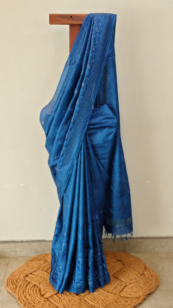 Blue tussar silk cutwork saree