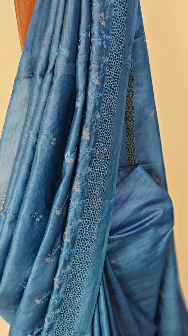 Blue tussar silk cutwork saree