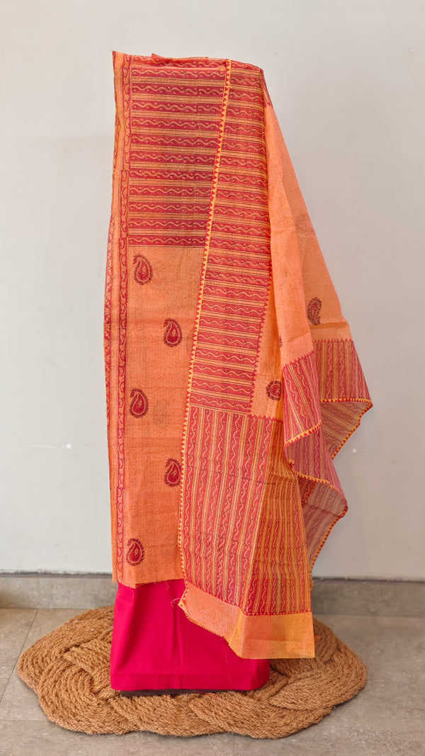 Orange and red block printed net kota suit