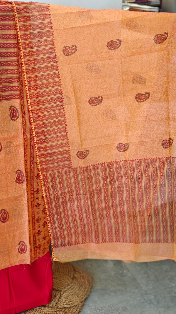 Orange and red block printed net kota suit