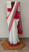 White net kota saree with red block print