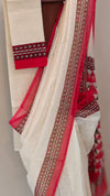 White net kota saree with red block print