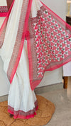 White net kota saree with red block print
