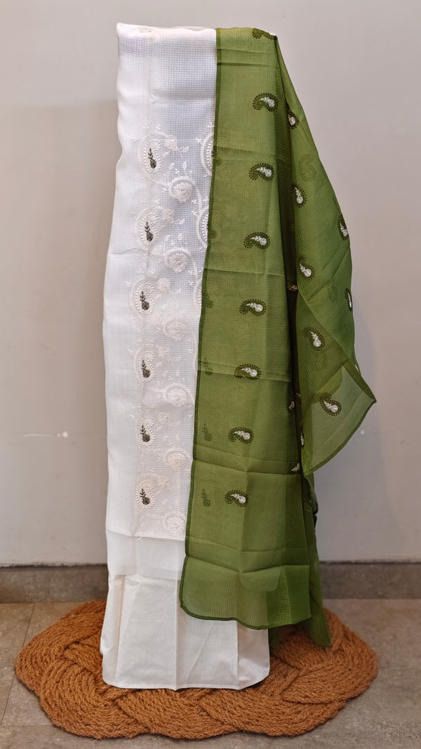 Off white and green net kota suit