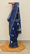 Indigo block printed chanderi silk saree