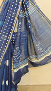 Indigo block printed chanderi silk saree