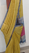 Mustard tussar silk saree with block printed pallu