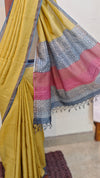 Mustard tussar silk saree with block printed pallu