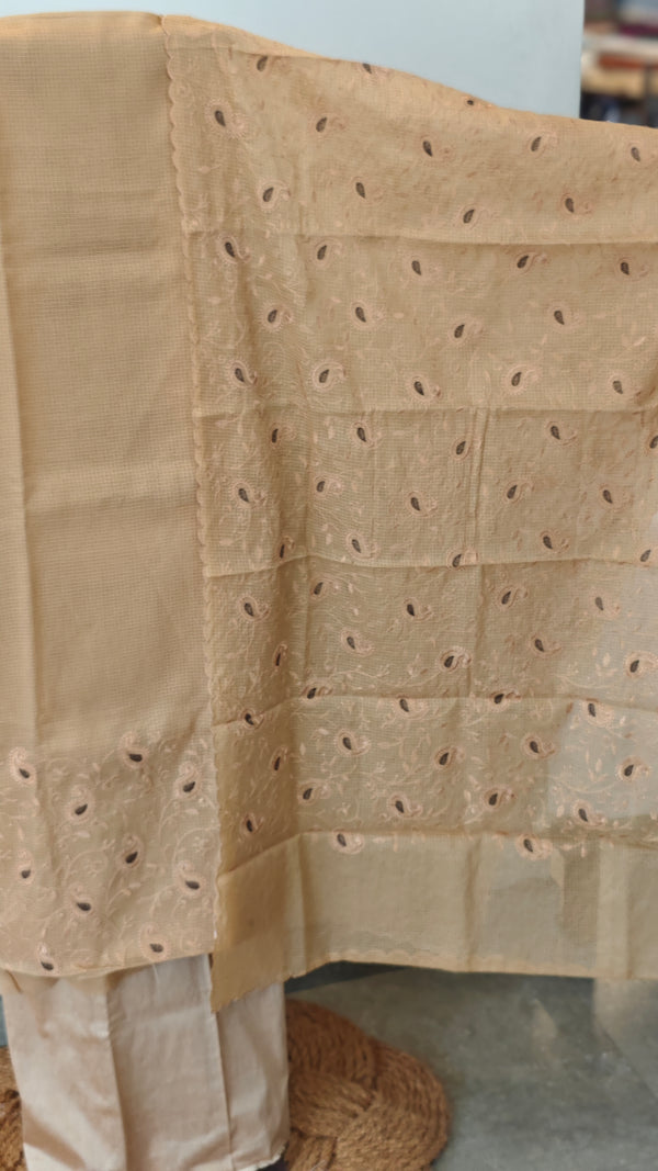 Beige embroidered net kota suit
