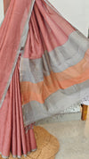 Brick red tussar silk saree with multi colour pallu