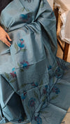 72PT - Bluish grey hand painted tussar silk saree