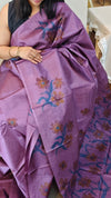 72PT - Purple hand painted tussar silk saree