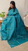 72PT - Peacock blue hand painted tussar silk saree